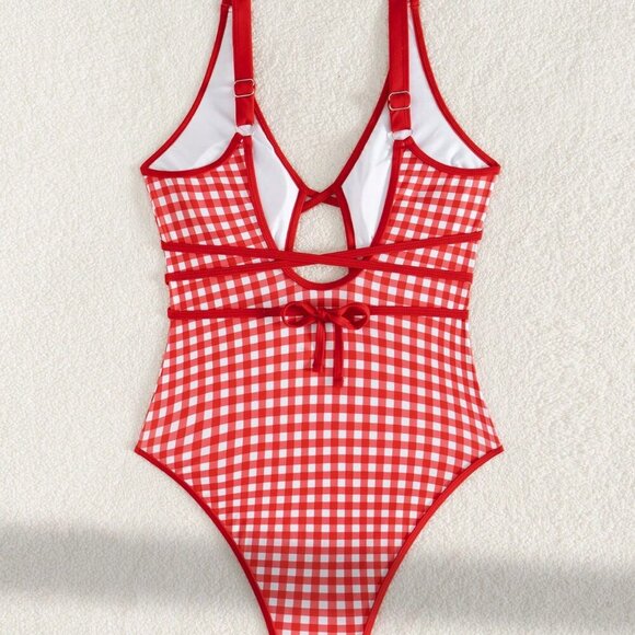 Multicolor Casual Women's V-Neck Plaid Tied Hollow Out One-Piece Suit - Picture 2 of 5